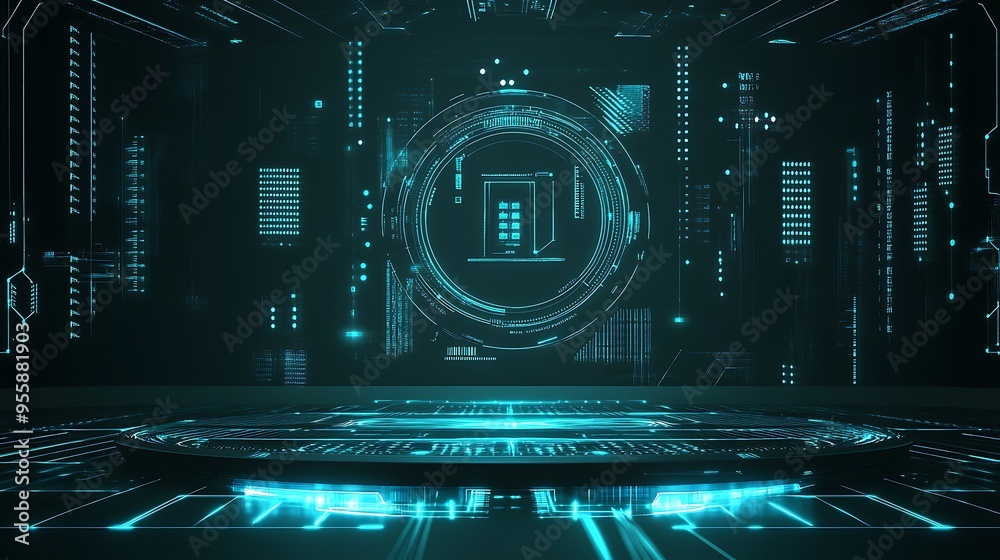 Aufkleber futuristic digital interface with glowing blue lines and a circular platform