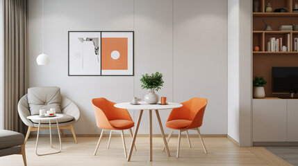 Modern Living Room Interior Design with Orange Chairs and White Table