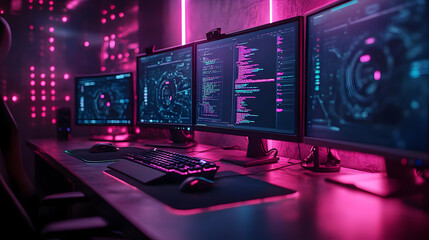 Neon Pink and Blue Lit Desktop with Computer Monitors -  Illustration