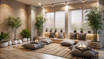 Fototapeta premium Minimalist Living Room with Floor Cushions and Plants