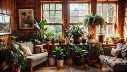 Obraz premium Sunlit Room with Greenery and Comfortable Seating