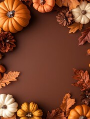 Obraz premium Happy Thanksgiving day concept. Vertical banner design with pumpkins, flowers, autumn decor on brown background. Flat lay, top view, copy space with generative ai