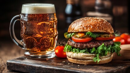 Beer mug and burger in cozy rustic cafe. Beer and burger background