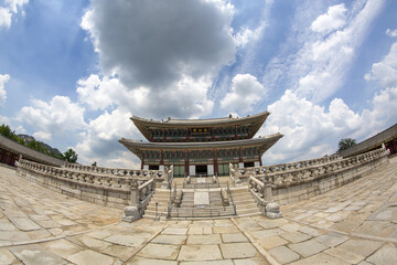 Jongno-gu, Seoul, South Korea - July 15, 2021: Wide and low angle view of Geunjeongjeon Hall in summer at Gyeongbokgung Palace