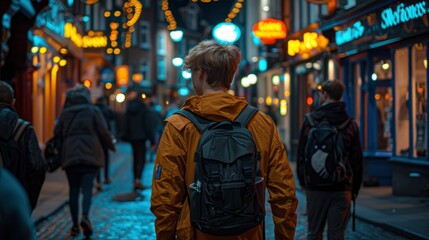 Obraz premium Young man walking down a city street at night
