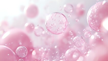 Pink Bubbles Floating in Air, Abstract Beauty Background with Shimmering Light and Depth