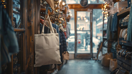 Boutique Chic: Stylish Tote Bag Hanging on Hook in Cinematic Documentary Style Editorial Photography
