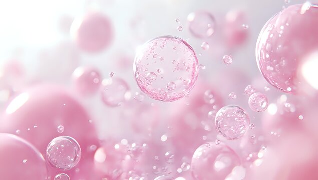 Pink Bubbles Floating in Air, Abstract Beauty Background with Shimmering Light and Depth
