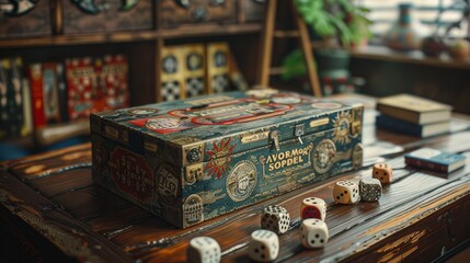 Obraz premium Vintage Board Game Box and Dice on Wooden Table
