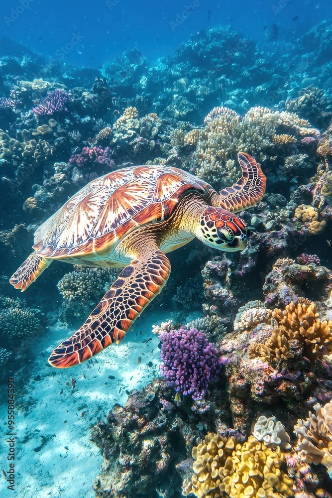 Sticker Sea Turtle Swimming in Vibrant Coral Reef