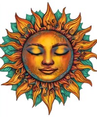 A vibrant sun illustration with a serene face and decorative rays.