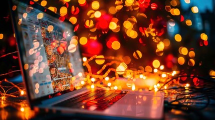 Laptop with Christmas Lights and Bokeh