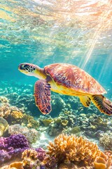 Obraz premium Sea Turtle Swimming Through Coral Reef in Sunlight
