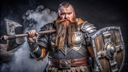 A Bearded Viking Warrior Holding an Axe and Shield