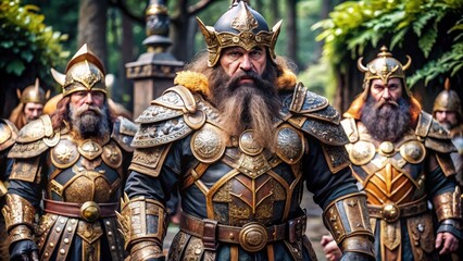 Fototapeta premium A group of armored warriors with long beards and horned helmets