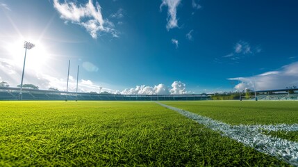 A lush green rugby field with white lines, goalposts, and a clear blue sky with fluffy white clouds. The image evokes feelings of excitement, competition, and the beauty of nature.
