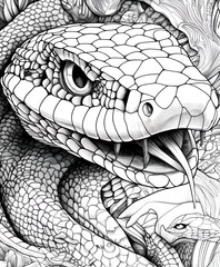 A detailed black-and-white illustration of a snake with intricate scales and a prominent tongue.