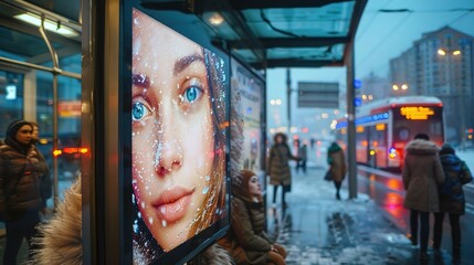 Urban Transit Chronicles: Cinematic Morning at the Bus Stop Billboard with Commuters in Winter Light