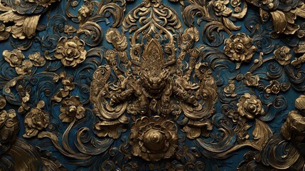 Intricate Gold and Blue Floral Relief Texture