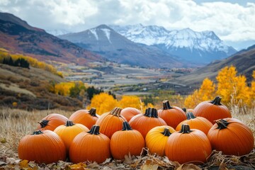 Image about Thanksgiving Day with a predominance of pumpkins and other elements that represent this celebration with mountains in the background with generative ai
