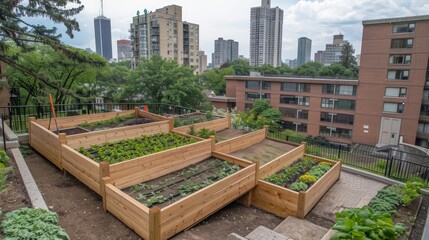 Fototapeta premium Urban Rooftop Garden with City Skyline in Background