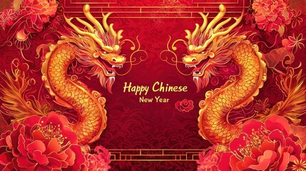 Fototapeta premium 4h This image is a beautifully designed Chinese New Year banner with a strong emphasis on the Year of the Dragon