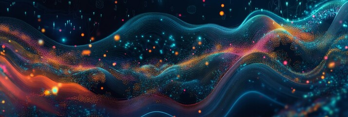 A mesmerizing abstract image depicting a flowing digital wave with vibrant particles that create a sense of movement and energy. The image symbolizes technological advancement, connectivity, and the i