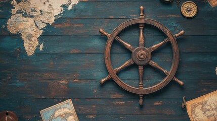 Obraz premium Old Ship Wheel Compass Vintage Maps on Rustic Wood Background