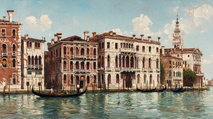 Naklejka premium Venice Canal Gondola Gondoliers Buildings Cityscape Watercolor Artwork