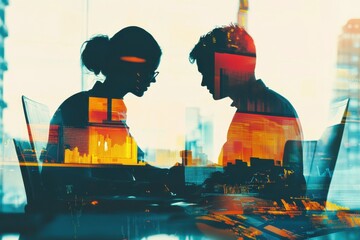 Silhouettes of a business team working on laptops, overlaid with digital data and cityscape, representing analysis, technology, and corporate strategy.