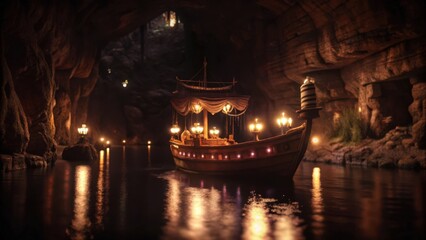 Obraz premium A Small Wooden Boat Adorned with Lanterns in a Dark Cave