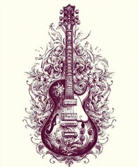 A beautifully ornate guitar surrounded by intricate floral designs.