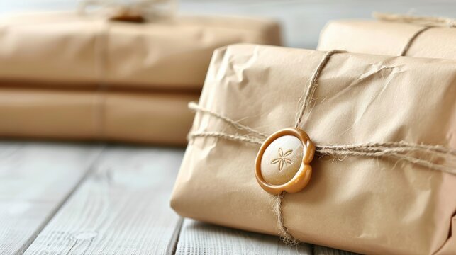 Rustic Brown Paper Packages with Wax Seal Close-Up
