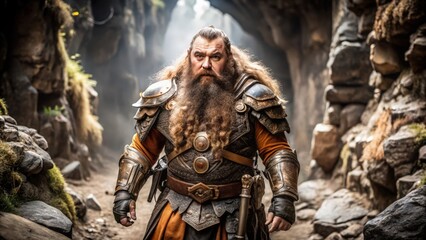 Fototapeta premium A Bearded Warrior in Full Armor Stands in a Rocky Ravine