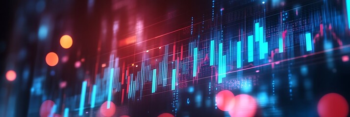 Fototapeta premium A dynamic, abstract depiction of financial data with glowing bar charts and line graphs in vibrant blue and red tones. The futuristic scene features bokeh effects and light trails.