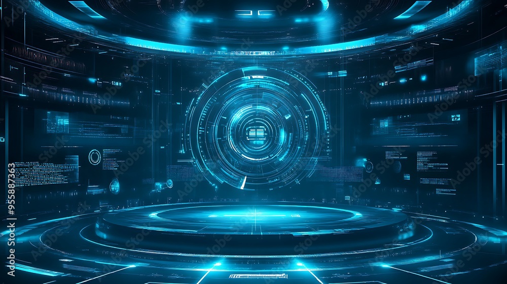 Poster futuristic blue and black digital interface with circular platform