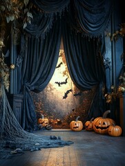 A mysterious and enchanting Halloween backdrop featuring a pair of velvet curtains pulled back to reveal a spooky forest with bats flying overhead. Pumpkins are scattered on the floor in front of the 