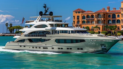 Fototapeta premium Luxury Yacht Cruising Past Coastal Buildings