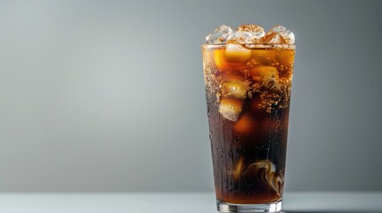 A tall glass of cola with ice cubes and condensation, isolated against a grey background.