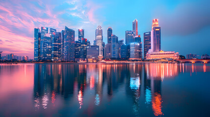 Fototapeta premium City skyline at dusk with glowing skyscrapers reflecting on a calm river
