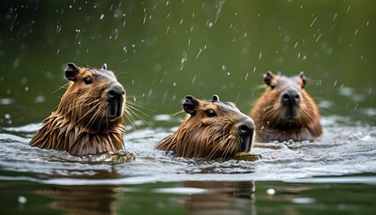 五只水豚在雨中游泳，水面泛起涟漪的生动场景。