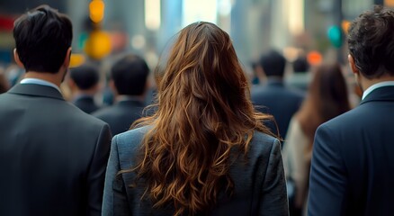 Woman with Long Brown Hair Walks Through City Crowd,  Suits and Fashionable People in Urban Setting
