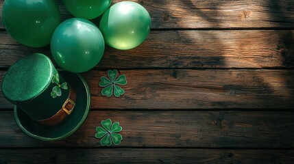 Obraz premium 4h top view st patricks day four leaf clover, balloons, leprechaun's hat on rustic wooden table