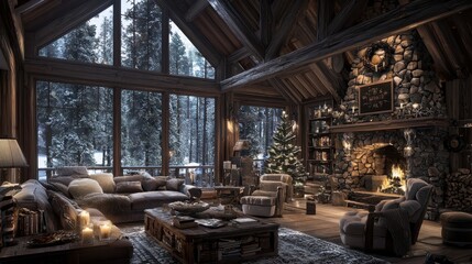 Cozy Cabin Living Room with Fireplace  Christmas Tree  and Winter View