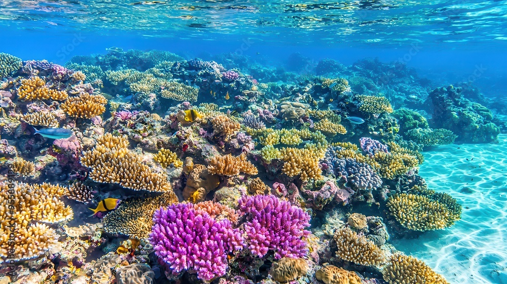 Poster Underwater Coral Reef Landscape with Vibrant Colors and Fish