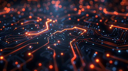 circuit patterns on a dark background, symbolizing technology and innovation