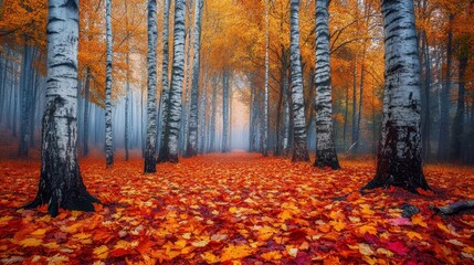 Fototapeta premium A picturesque scene of a birch tree forest in autumn, with a carpet of fallen leaves covering the ground and a path leading through the trees. The colors of the leaves range from vibrant red and orang