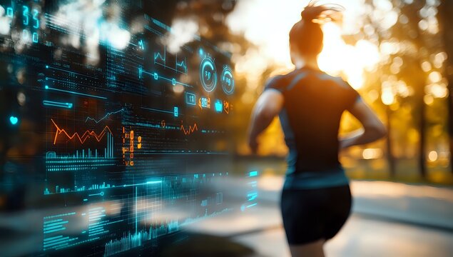 Woman Runs with Digital Fitness Tracker Displaying Heart Rate, Calories Burned, and Speed