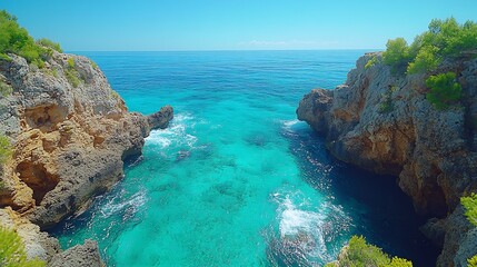 Stunning view a seaside cliff overlooking the ocean waves crashing on rocks