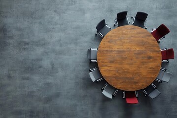A circular table with professionals from various backgrounds sharing ideas, illustrating equal communication and cultural harmony in business practices, roundtable discussion